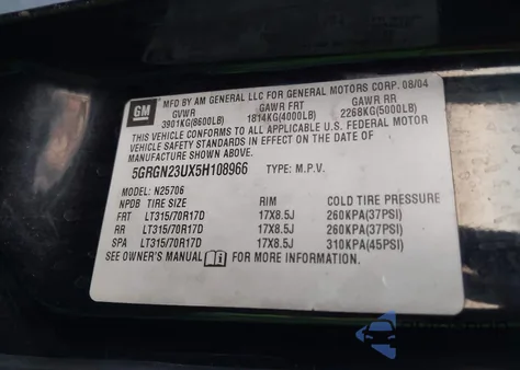 2005 Hummer H2 Suv z USA, uszkodzony, nr VIN 5GRGN23UX5H108966